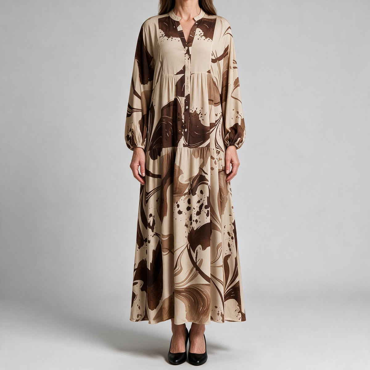 Megan | Womens Printed Long Sleeve V Neck Loose Flowy Maxi Dress