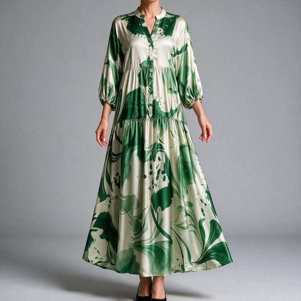 Megan | Womens Printed Long Sleeve V Neck Loose Flowy Maxi Dress