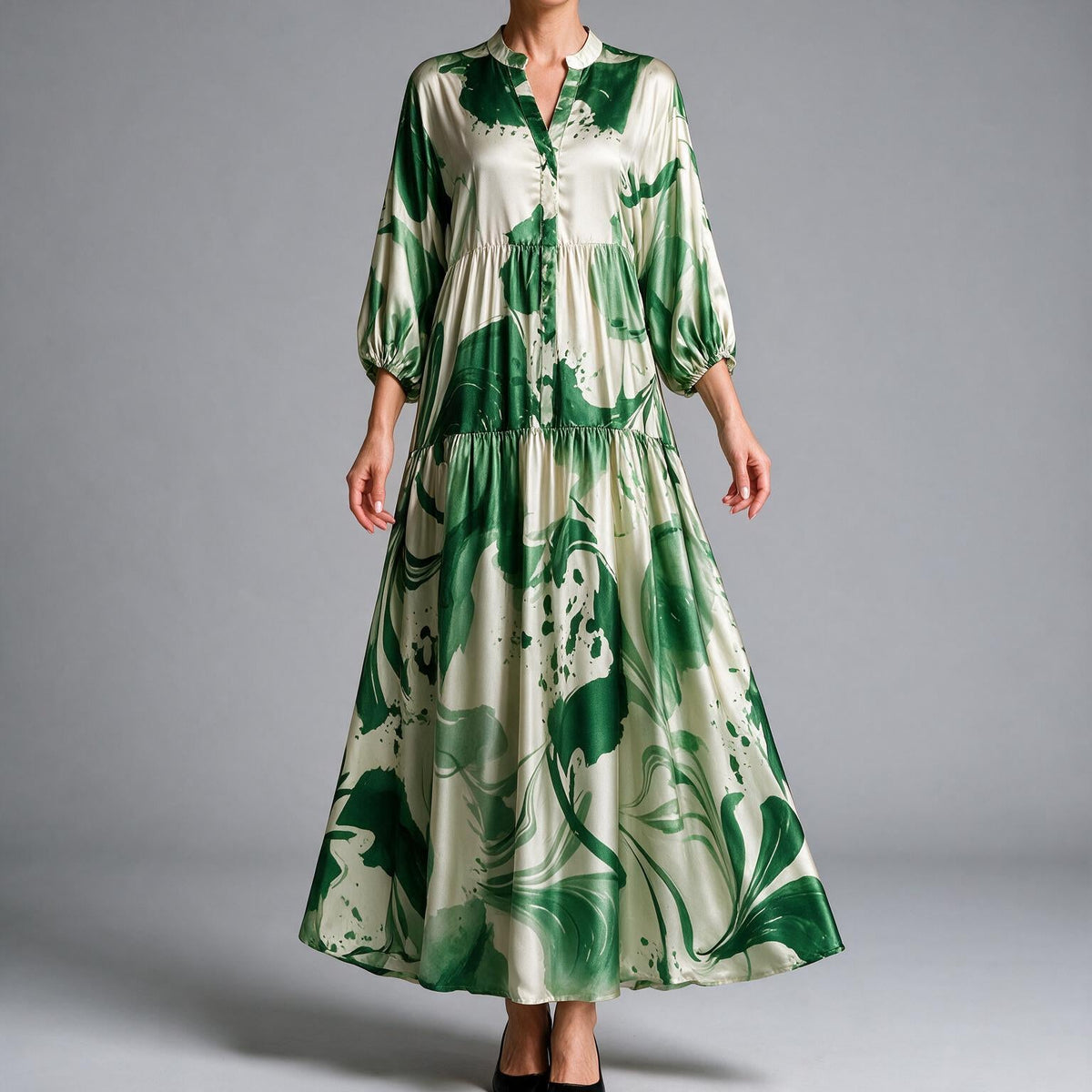 Megan | Womens Printed Long Sleeve V Neck Loose Flowy Maxi Dress