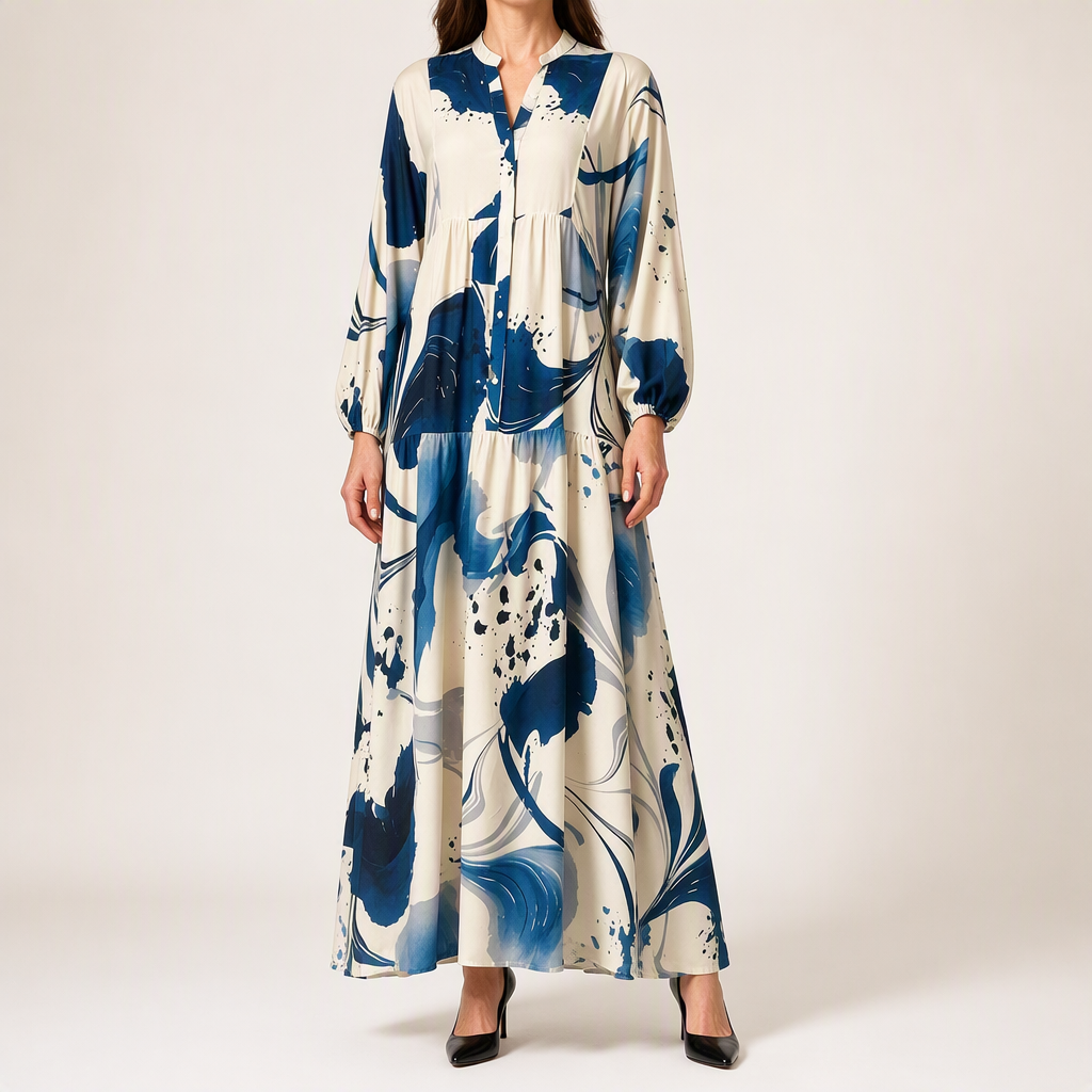 Megan | Womens Printed Long Sleeve V Neck Loose Flowy Maxi Dress, Blue