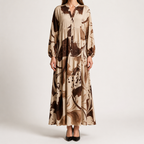 Megan | Womens Printed Long Sleeve V Neck Loose Flowy Maxi Dress, Brown