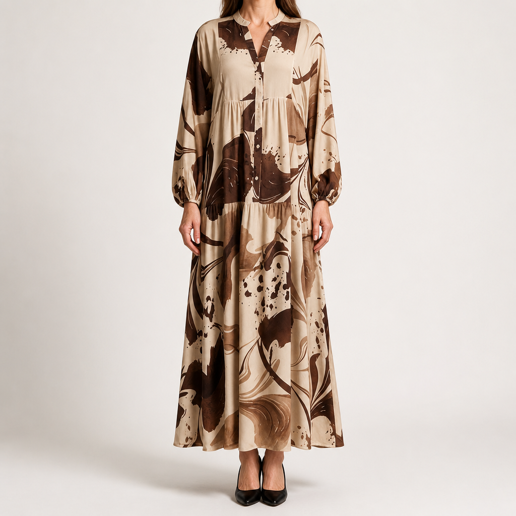 Megan | Womens Printed Long Sleeve V Neck Loose Flowy Maxi Dress, Brown