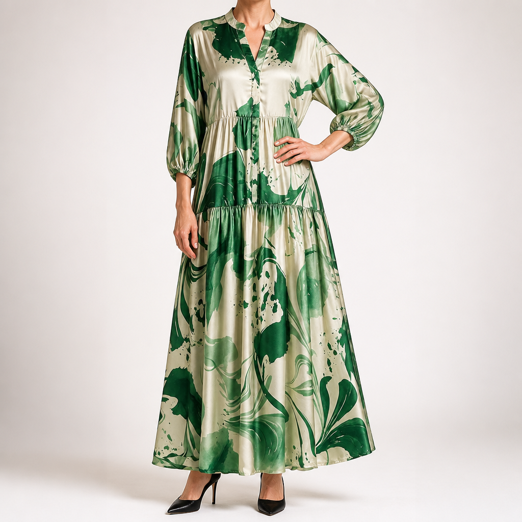 Megan | Womens Printed Long Sleeve V Neck Loose Flowy Maxi Dress, Green