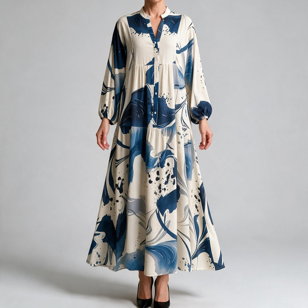 Megan | Womens Printed Long Sleeve V Neck Loose Flowy Maxi Dress