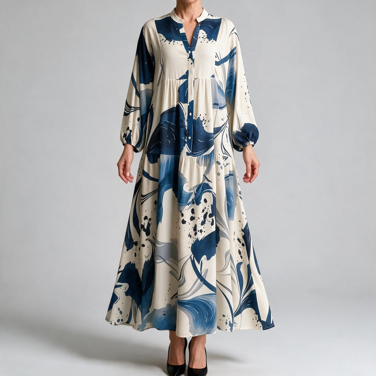 Megan | Womens Printed Long Sleeve V Neck Loose Flowy Maxi Dress