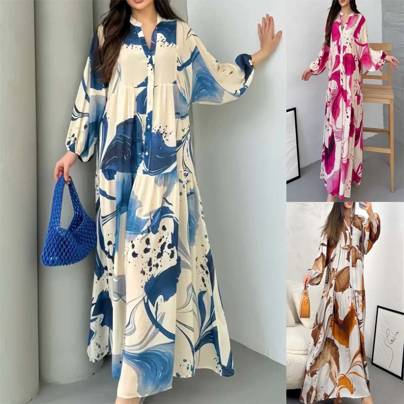 Megan | Womens Printed Long Sleeve V Neck Loose Flowy Maxi Dress