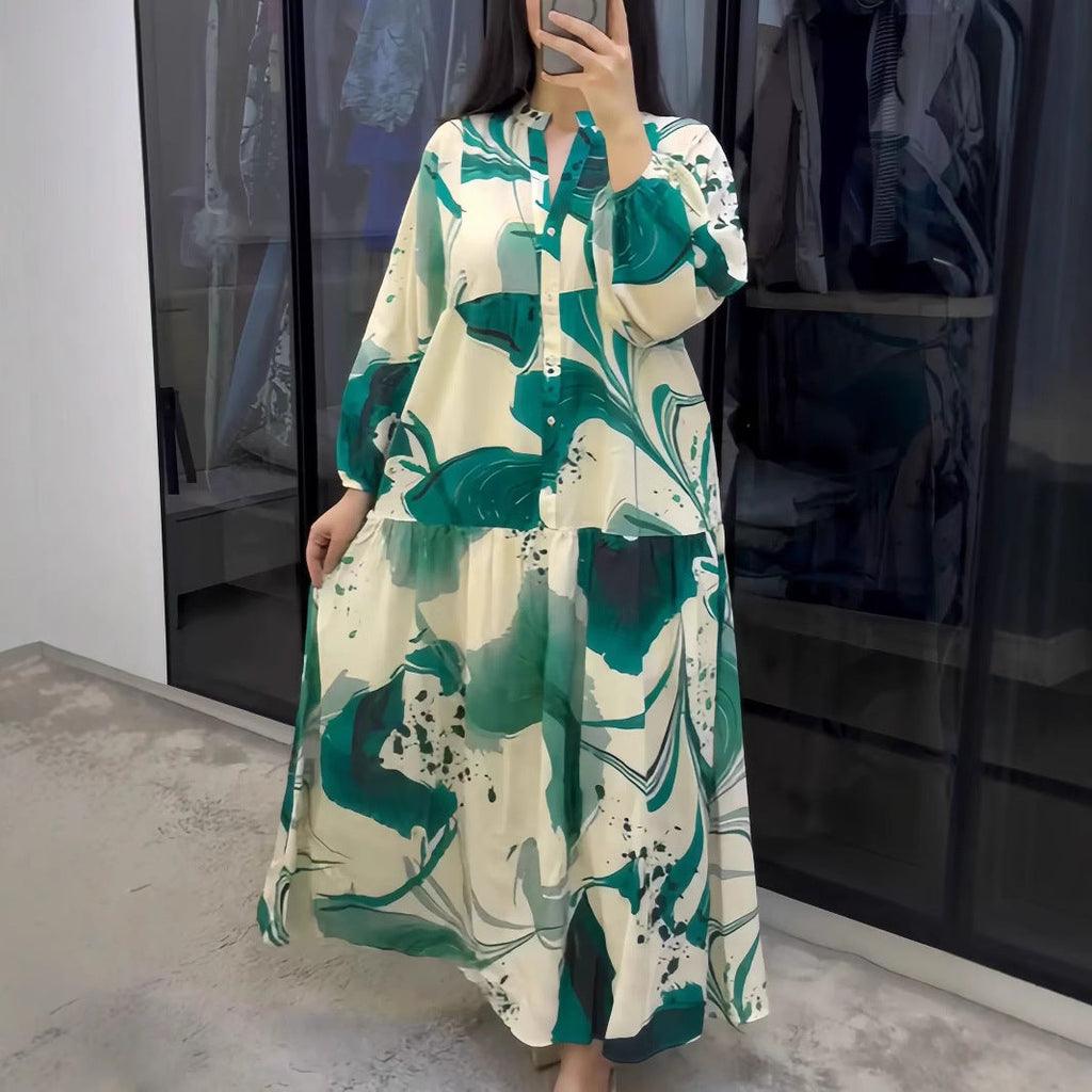 Megan | Womens Printed Long Sleeve V Neck Loose Flowy Maxi Dress