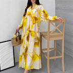 Megan | Womens Printed Long Sleeve V Neck Loose Flowy Maxi Dress
