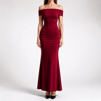 Melinda | Womens Off Shoulder Short Sleeve Gradient Bodycon Maxi Dress, Crimson