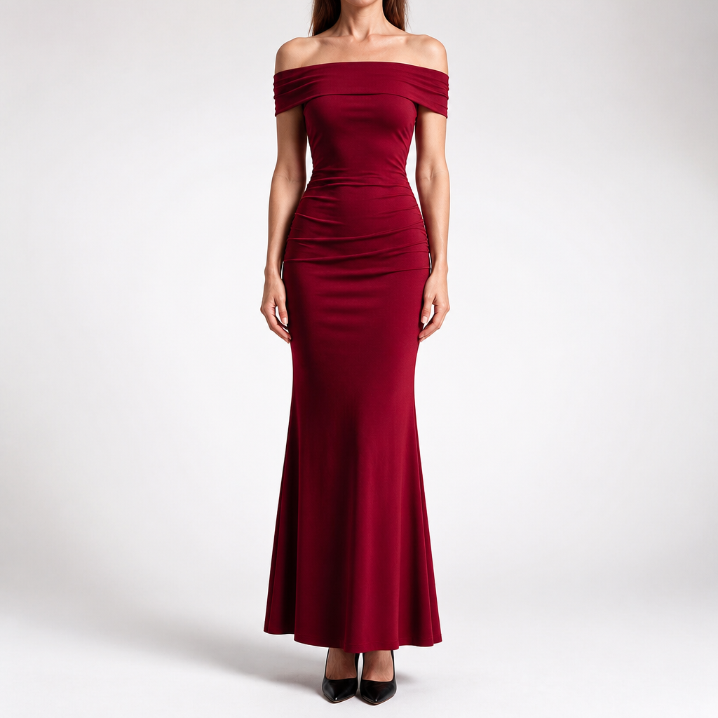 Melinda | Womens Off Shoulder Short Sleeve Gradient Bodycon Maxi Dress, Crimson