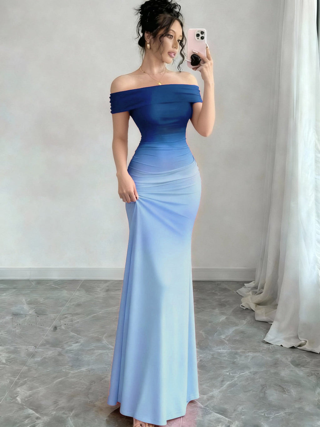 Melinda | Womens Off Shoulder Short Sleeve Gradient Bodycon Maxi Dress