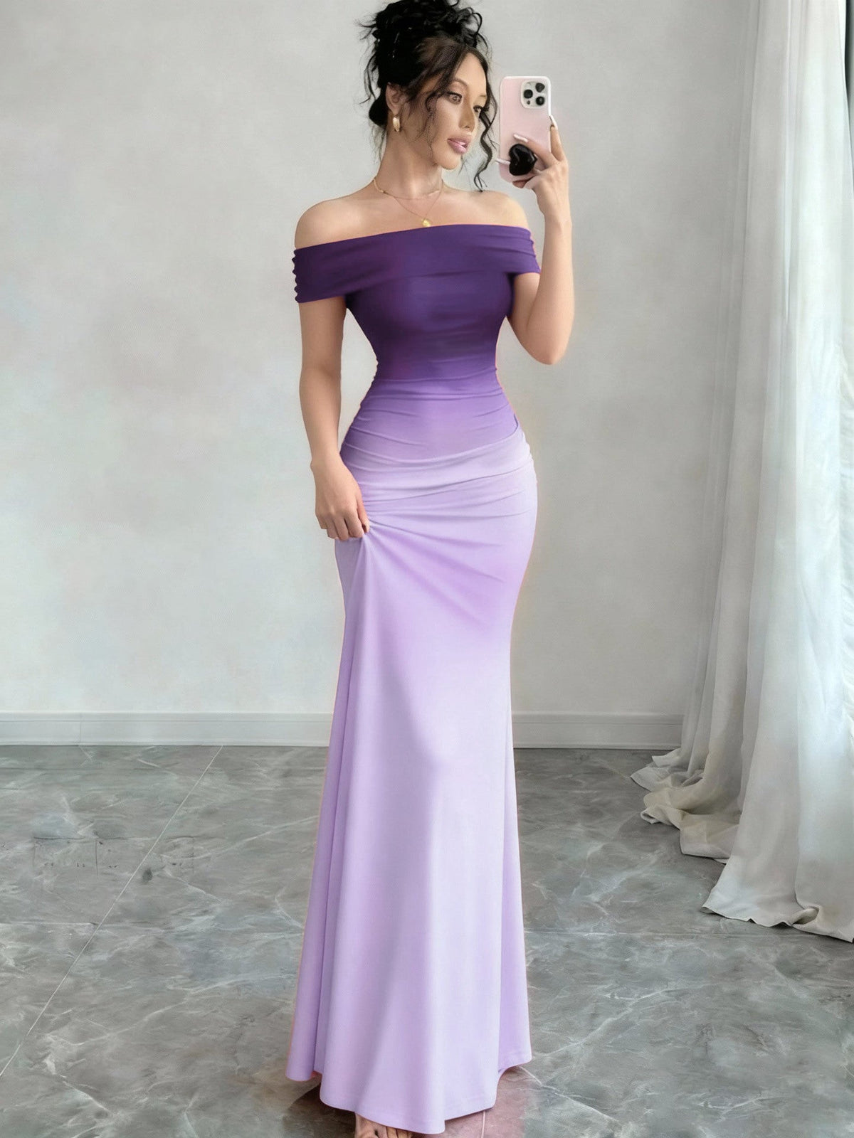 Melinda | Womens Off Shoulder Short Sleeve Gradient Bodycon Maxi Dress