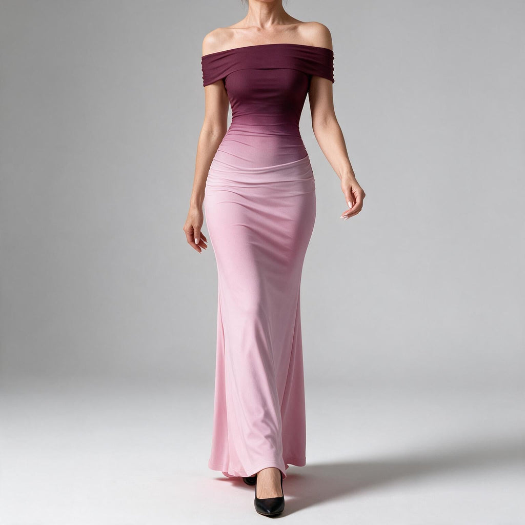 Melinda | Womens Off Shoulder Short Sleeve Gradient Bodycon Maxi Dress