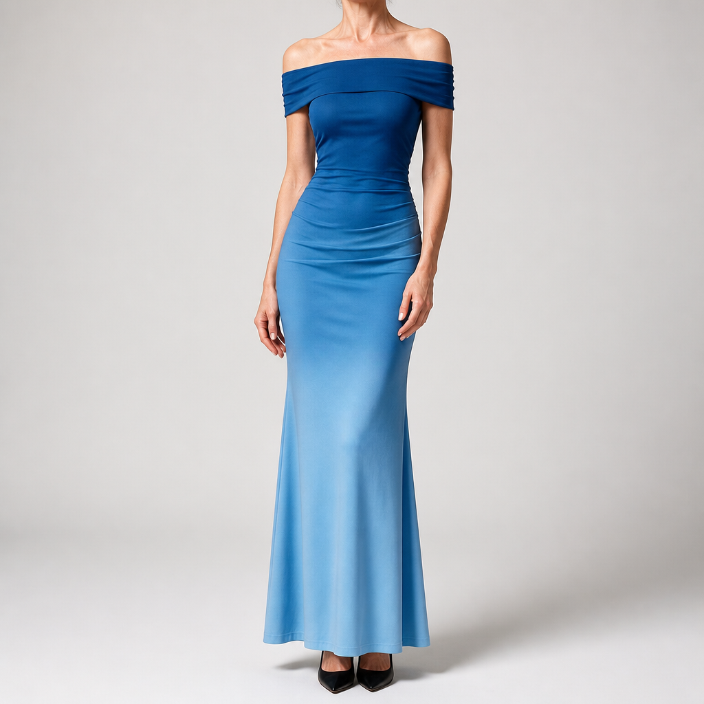 Melinda | Womens Off Shoulder Short Sleeve Gradient Bodycon Maxi Dress, Blue