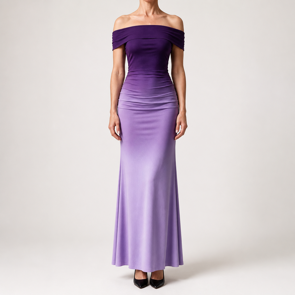 Melinda | Womens Off Shoulder Short Sleeve Gradient Bodycon Maxi Dress, Purple