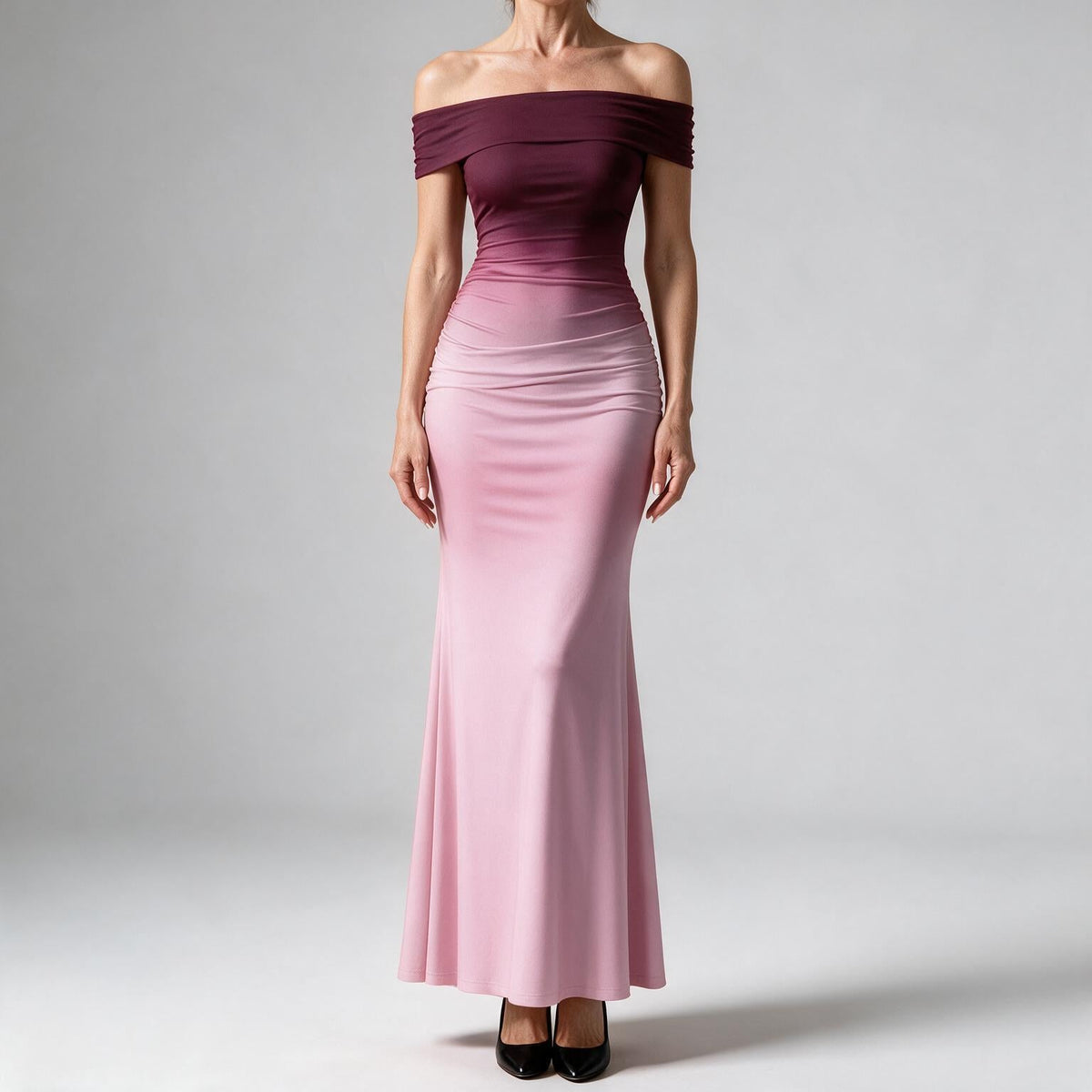 Melinda | Womens Off Shoulder Short Sleeve Gradient Bodycon Maxi Dress