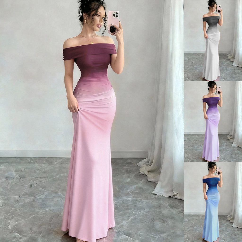 Melinda | Womens Off Shoulder Short Sleeve Gradient Bodycon Maxi Dress