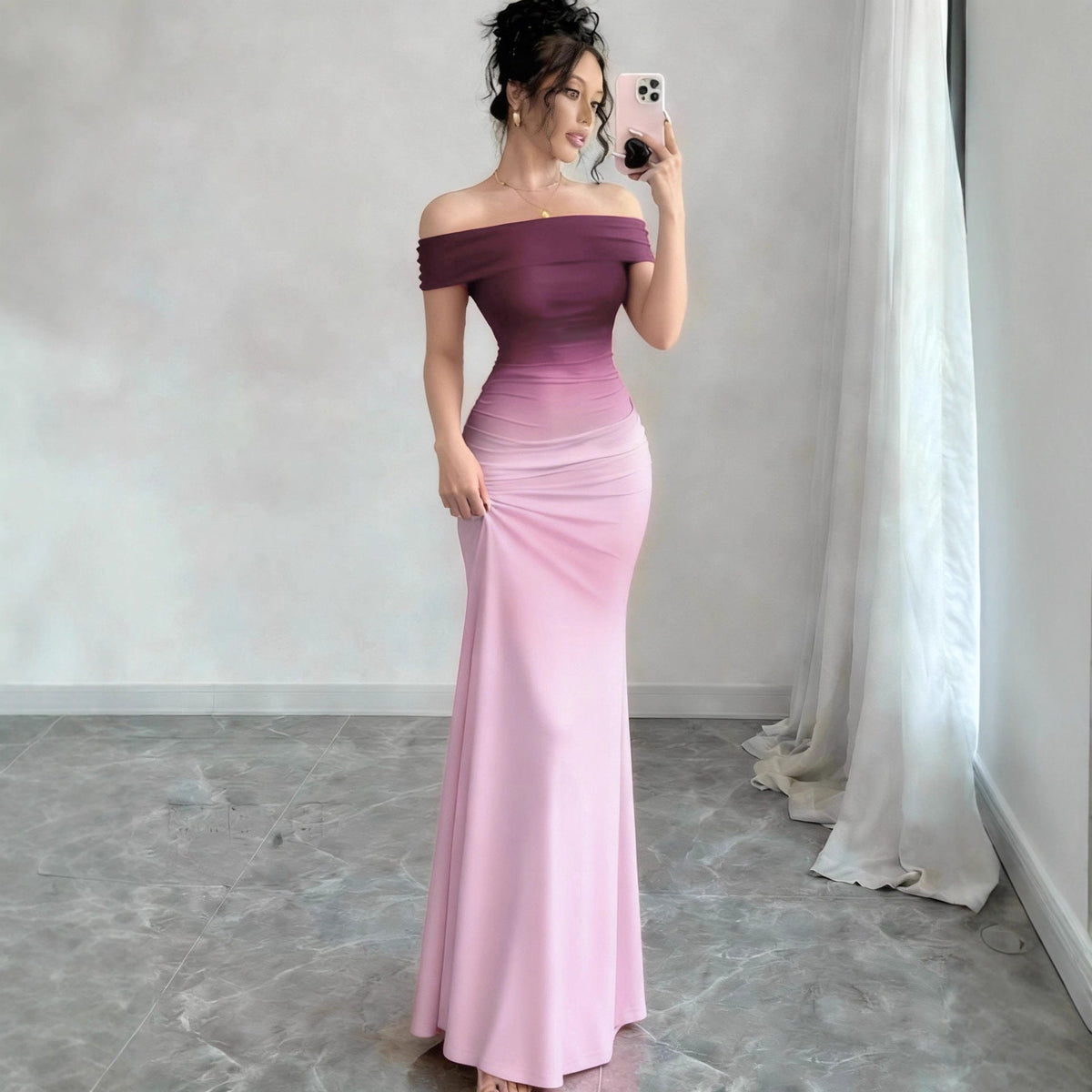 Melinda | Womens Off Shoulder Short Sleeve Gradient Bodycon Maxi Dress