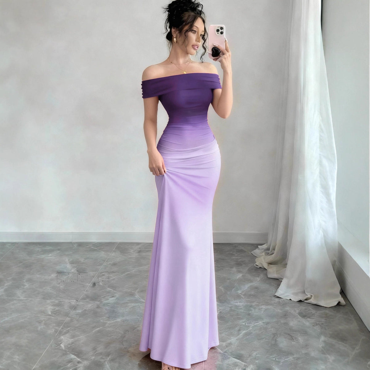 Melinda | Womens Off Shoulder Short Sleeve Gradient Bodycon Maxi Dress