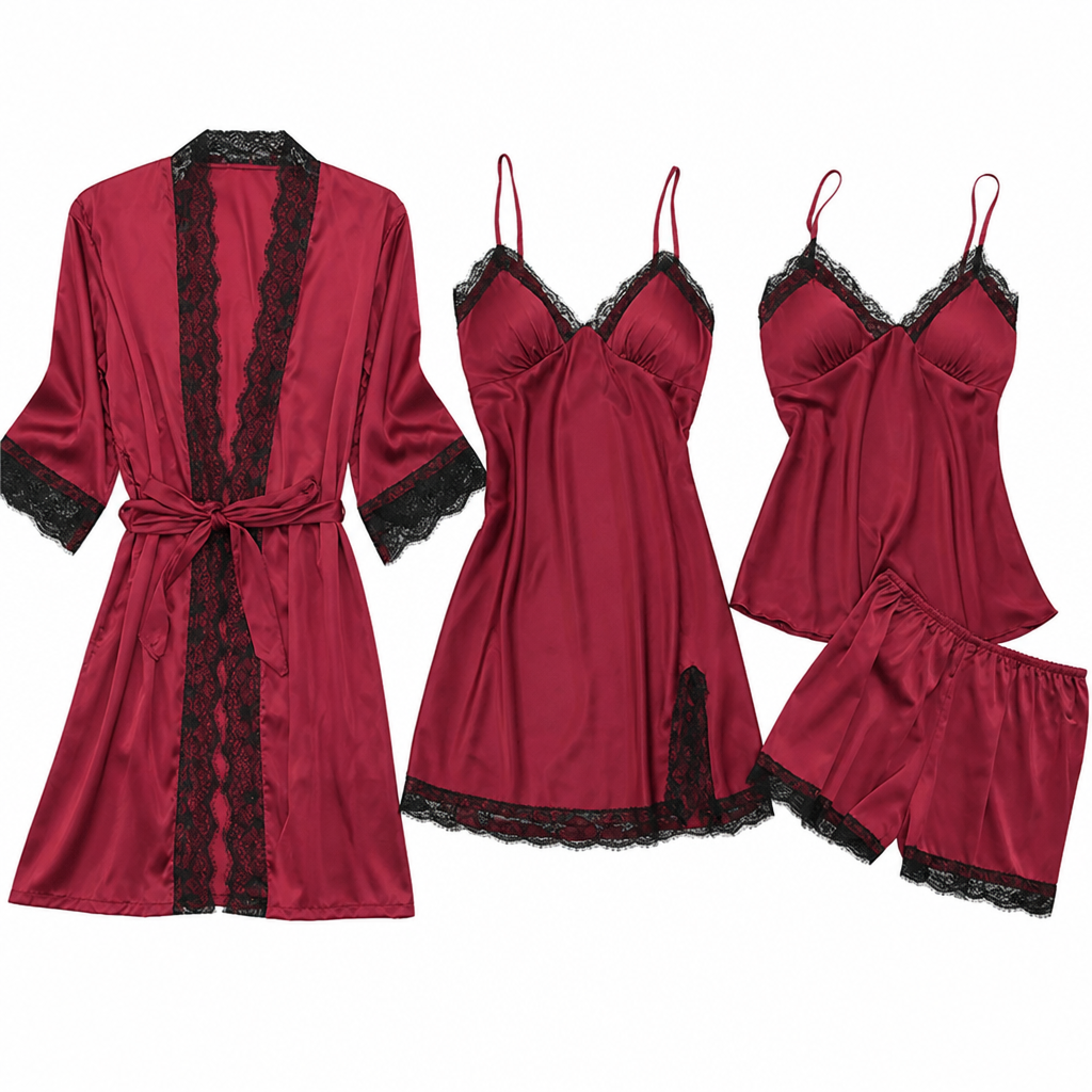 Micaela | Womens Satin Cami Sleepwear Pajama Set With Matching Robe, Red