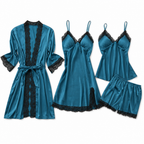 Micaela | Womens Satin Cami Sleepwear Pajama Set With Matching Robe, Peacock Blue