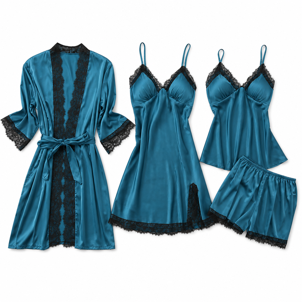 Micaela | Womens Satin Cami Sleepwear Pajama Set With Matching Robe, Peacock Blue