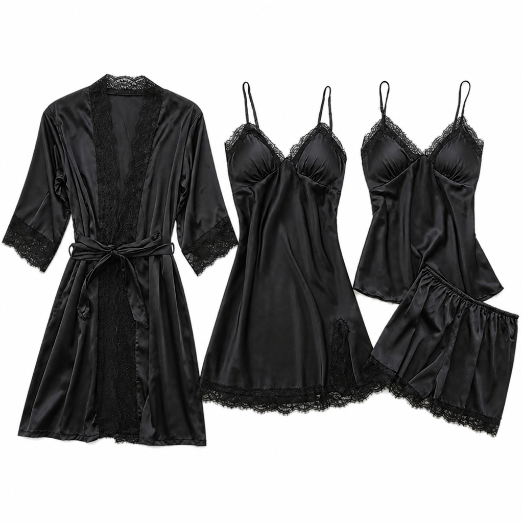 Micaela | Womens Satin Cami Sleepwear Pajama Set With Matching Robe, Black
