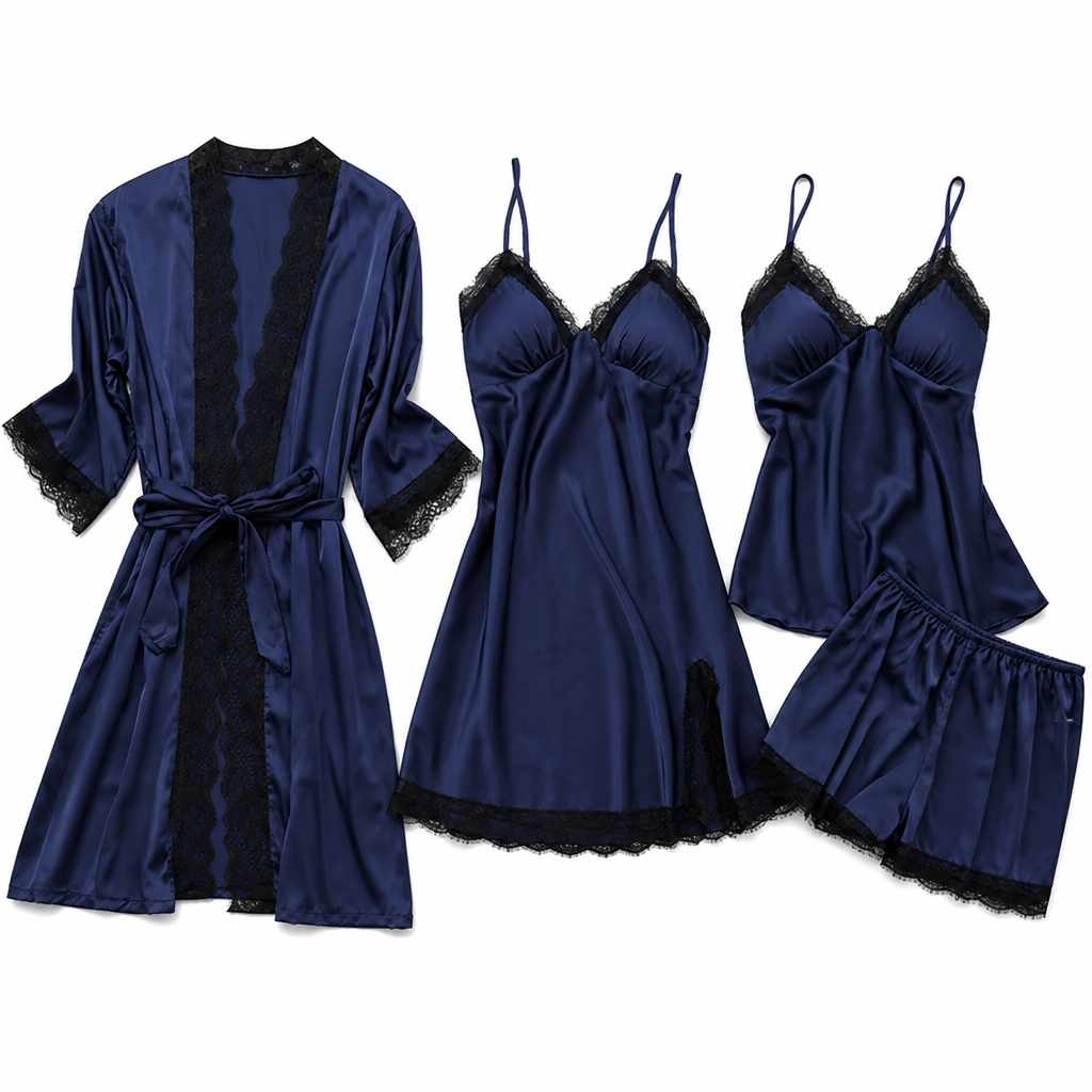 Micaela | Womens Satin Cami Sleepwear Pajama Set With Matching Robe, Navy Blue