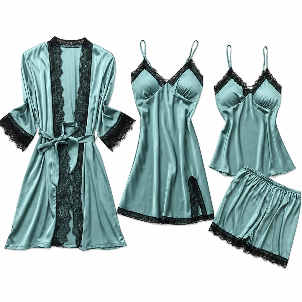 Micaela | Womens Satin Cami Sleepwear Pajama Set With Matching Robe, Teal