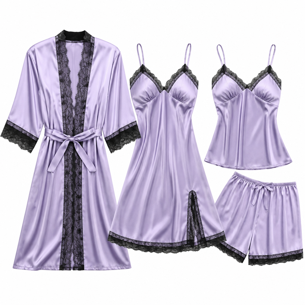 Micaela | Womens Satin Cami Sleepwear Pajama Set With Matching Robe, Violet