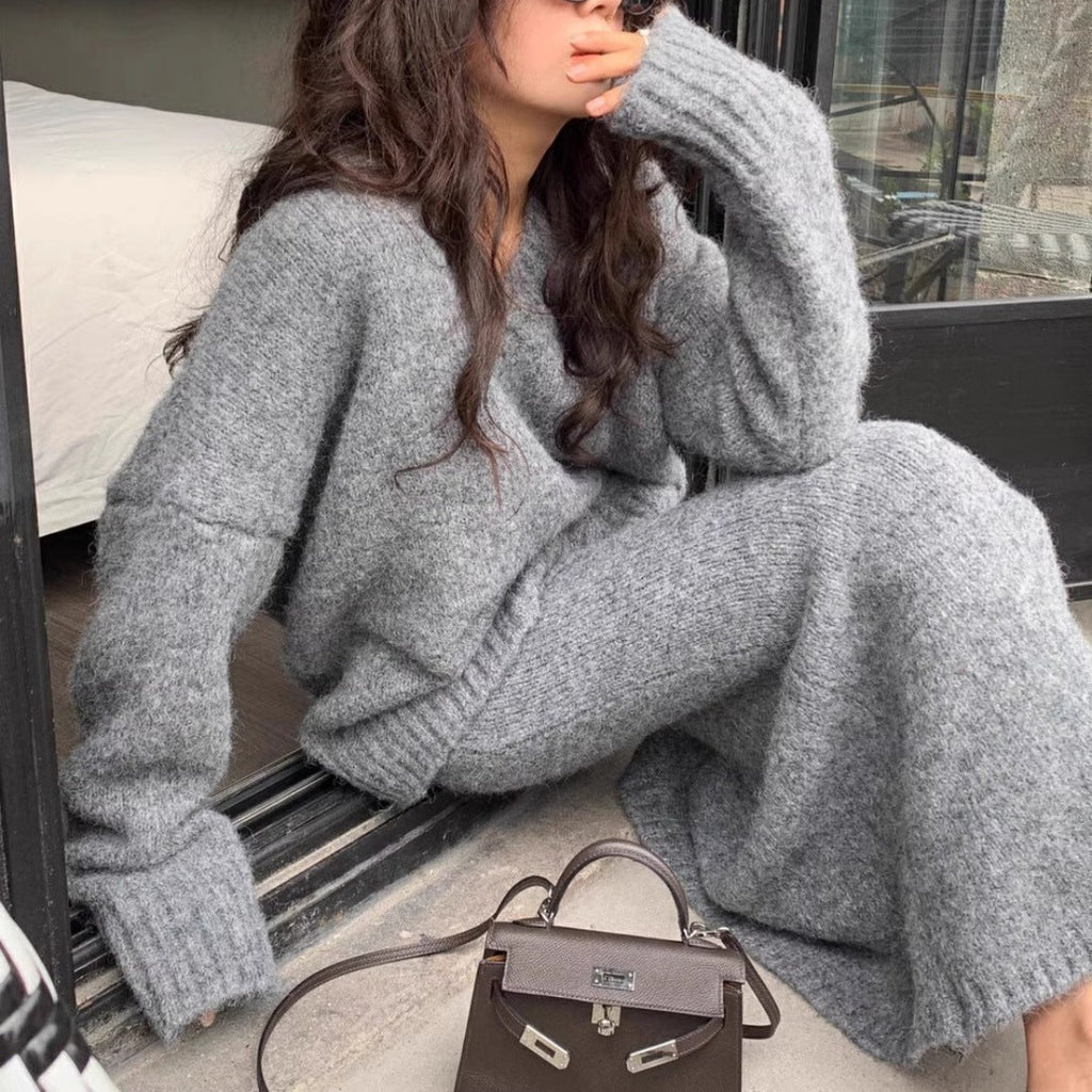 Michelle | Womens Knit Two Piece Sweater Skirt V Neck Lounge Set