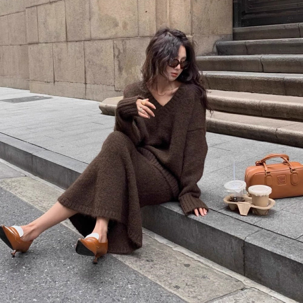 Michelle | Womens Knit Two Piece Sweater Skirt V Neck Lounge Set