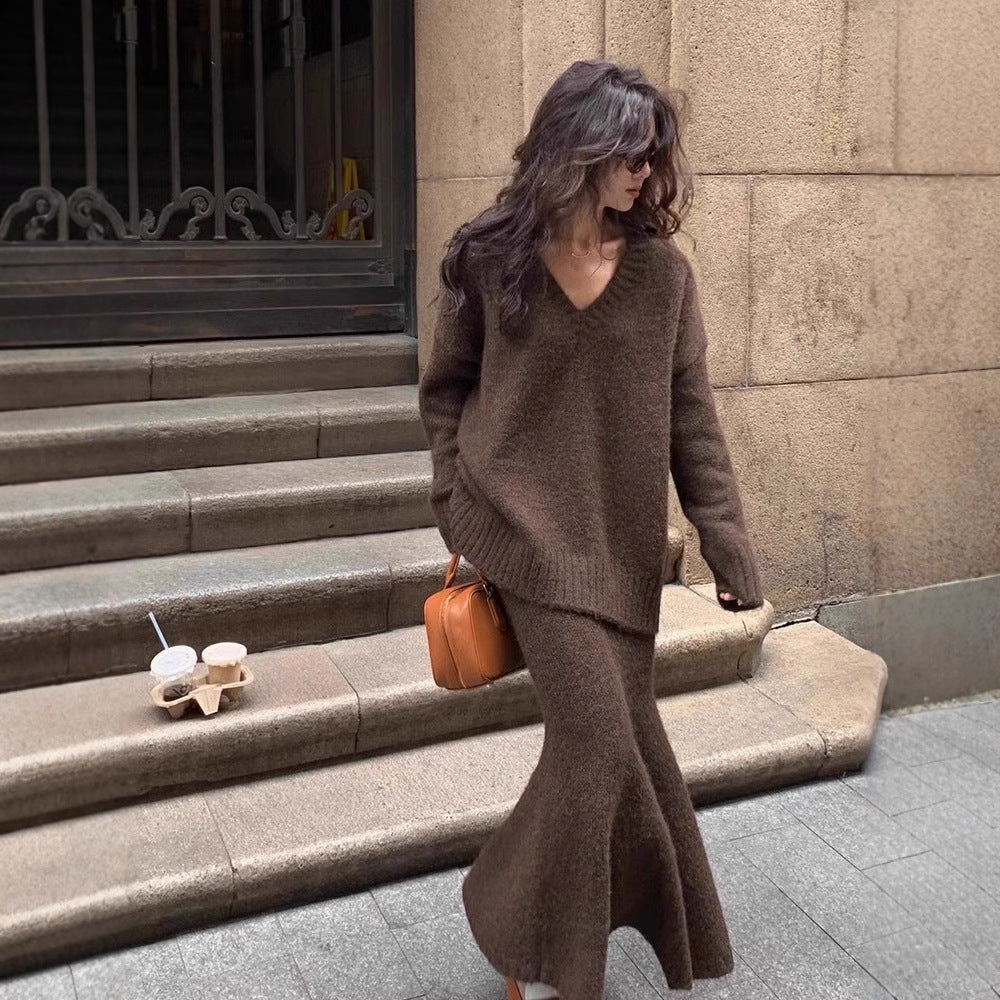 Michelle | Womens Knit Two Piece Sweater Skirt V Neck Lounge Set