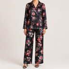 Mila | Womens Satin Pyjamas Floral Cami Trousers Loungewear Set, Black