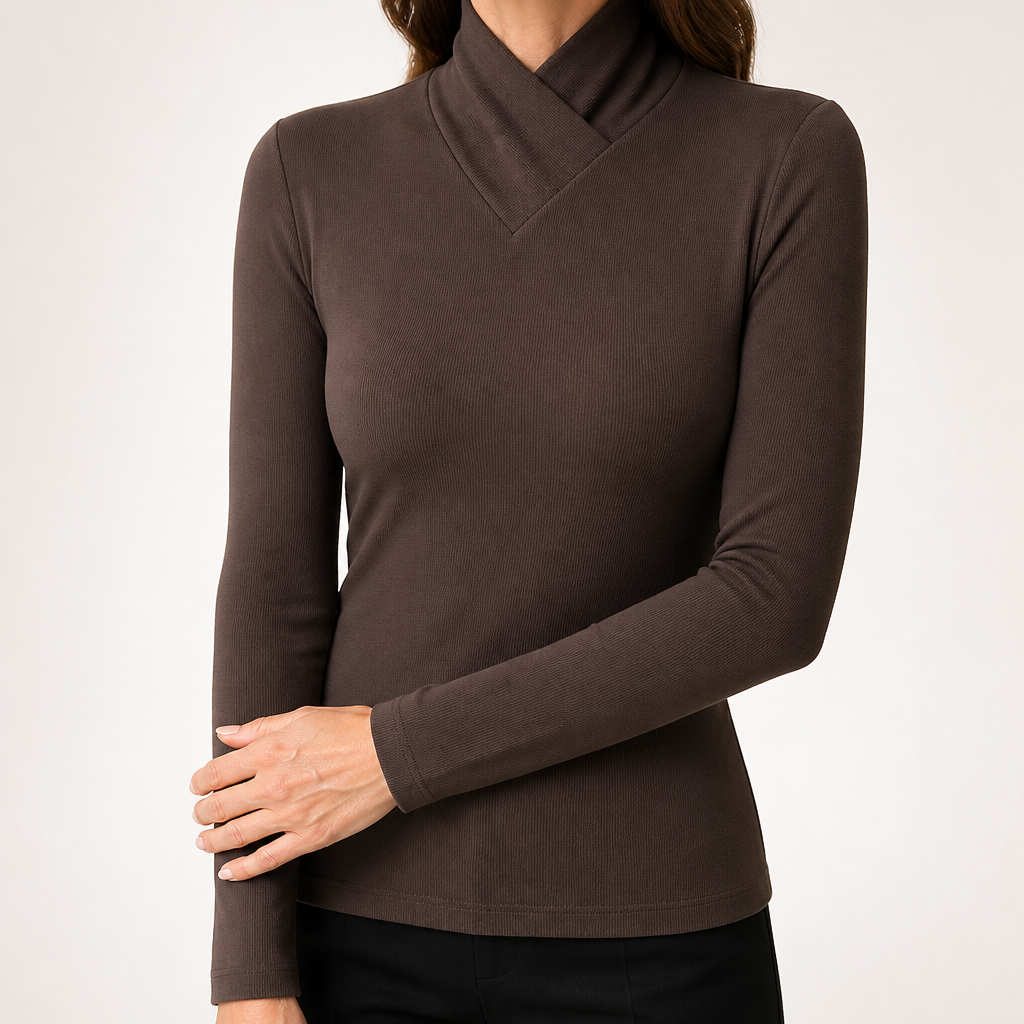 Miriam | Womens Half Turtleneck Ribbed Long Sleeve Top, Brown