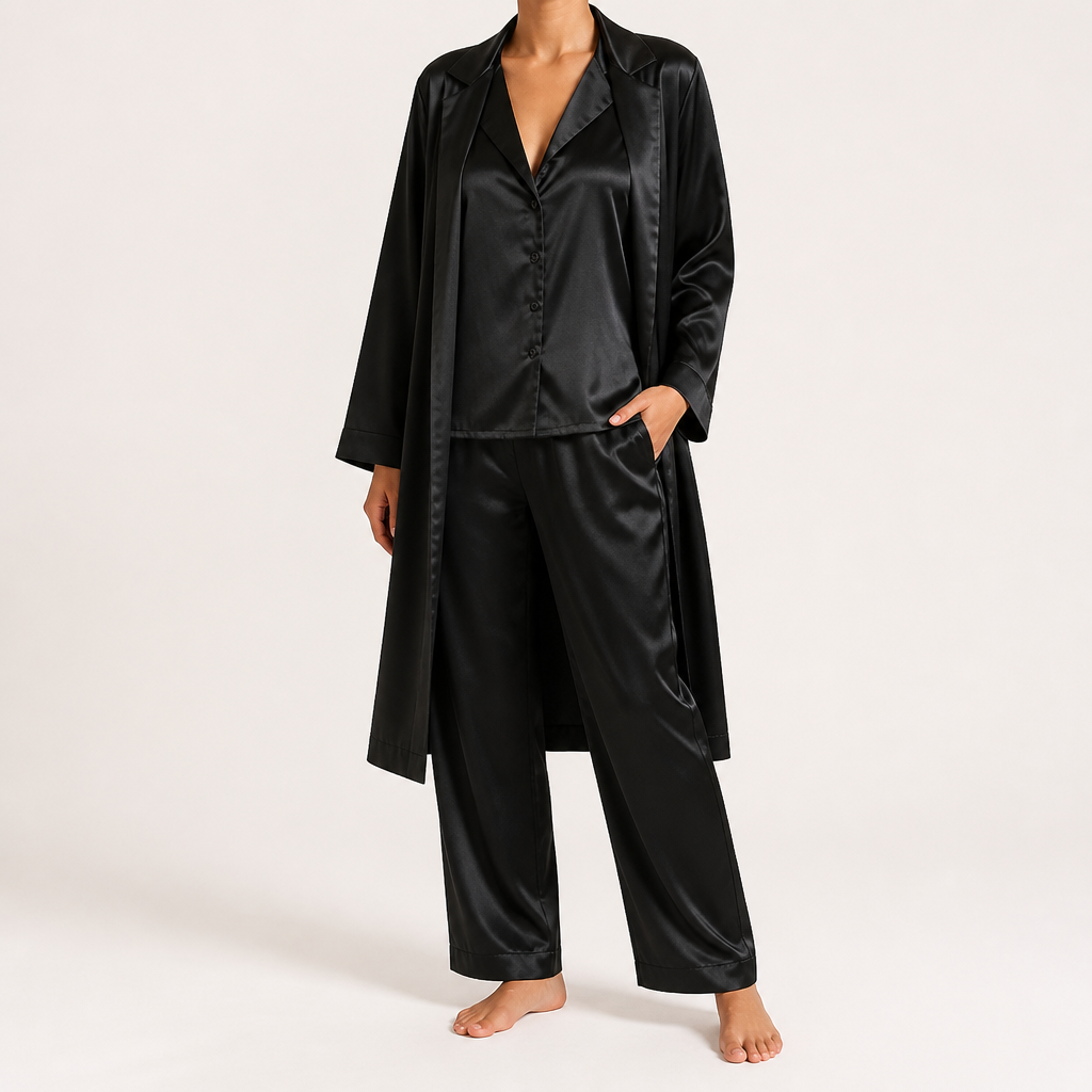 Molly | Womens Long Sleeve Satin Loungewear Pajama Set, Black