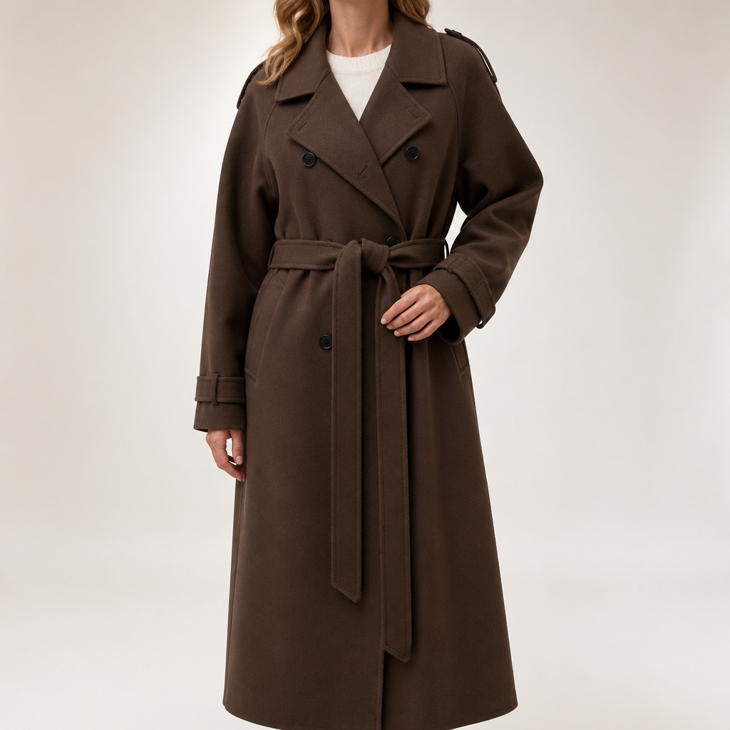 Monica | Womens Double Breasted Long Belted Trench Coat, Dark Brown