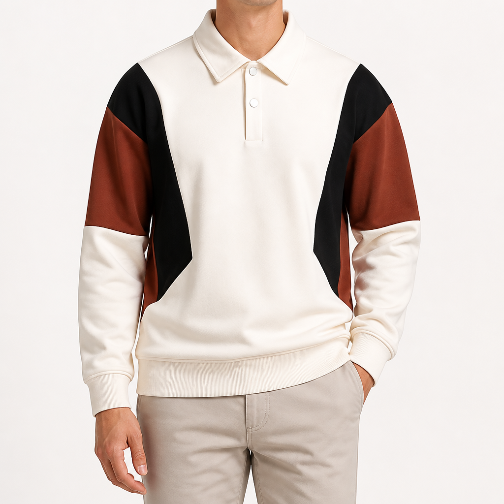 Monte | Mens Long Sleeve Polo Shirt Color Block Casual Collared Top, Apricot