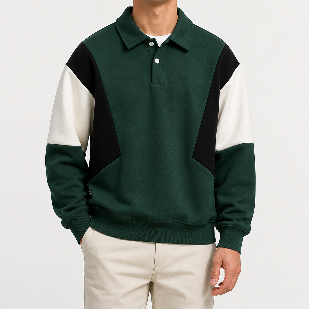 Monte | Mens Long Sleeve Polo Shirt Color Block Casual Collared Top, Dark Green