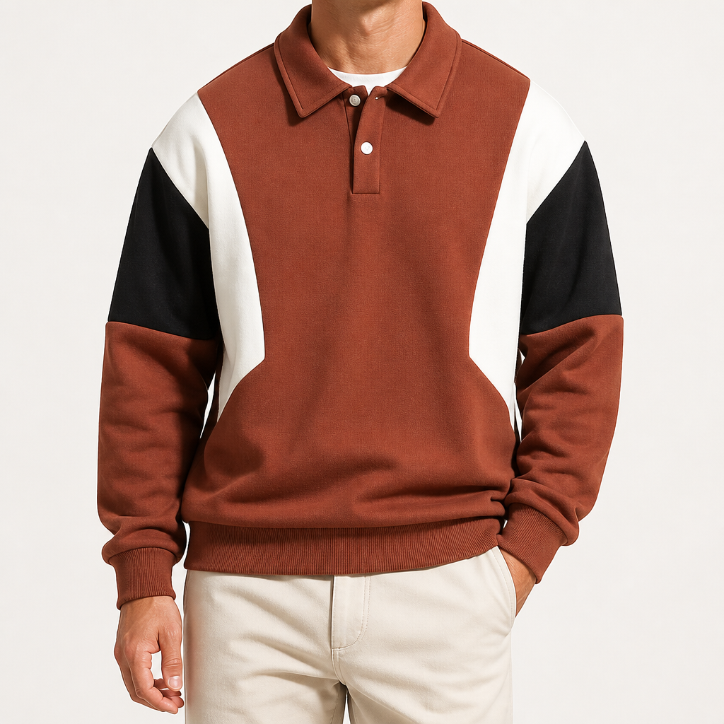 Monte | Mens Long Sleeve Polo Shirt Color Block Casual Collared Top, Brown