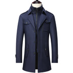 Morris | Mens Wool Blend Double Collar Business Winter Overcoat, Navy Blue