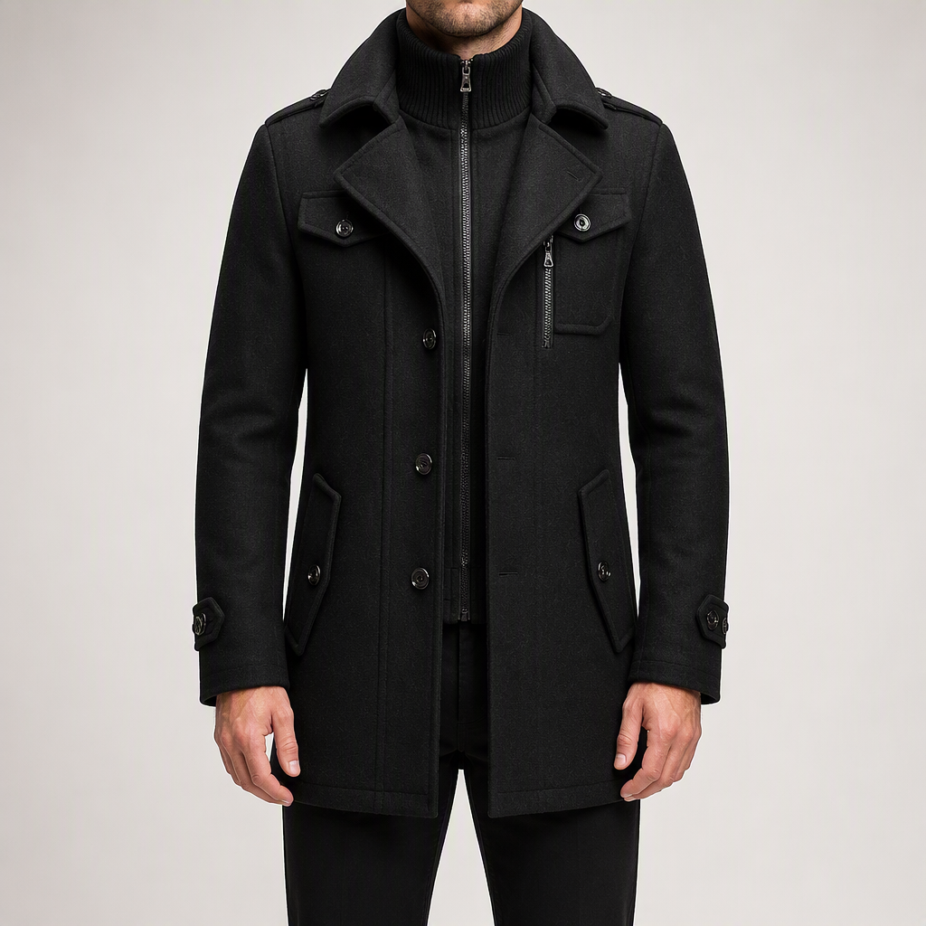 Morris | Mens Wool Blend Double Collar Business Winter Overcoat, Black