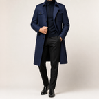 Morris | Mens Wool Blend Double Collar Business Winter Overcoat, Navy Blue