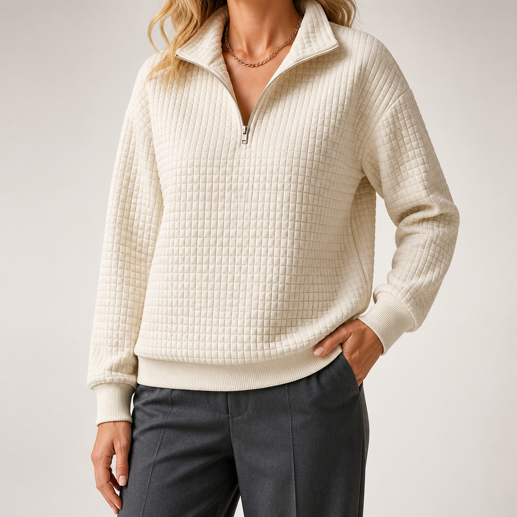 Nanette | Womens Quarter Zip Sweater Waffle Knit Longline Pullover Sweatshirt, Khaki