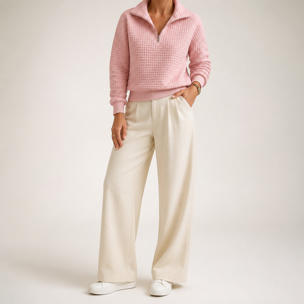 Nanette | Womens Quarter Zip Sweater Waffle Knit Longline Pullover Sweatshirt, Pink