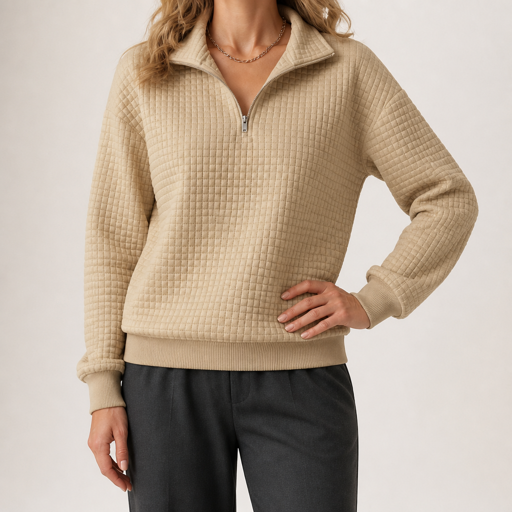 Nanette | Womens Quarter Zip Sweater Waffle Knit Longline Pullover Sweatshirt, Camel