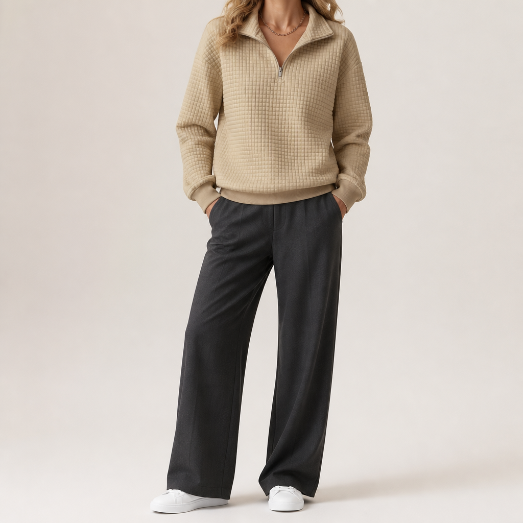 Nanette | Womens Quarter Zip Sweater Waffle Knit Longline Pullover Sweatshirt, Camel