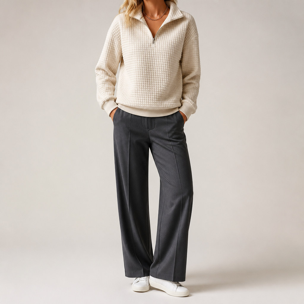 Nanette | Womens Quarter Zip Sweater Waffle Knit Longline Pullover Sweatshirt, Khaki