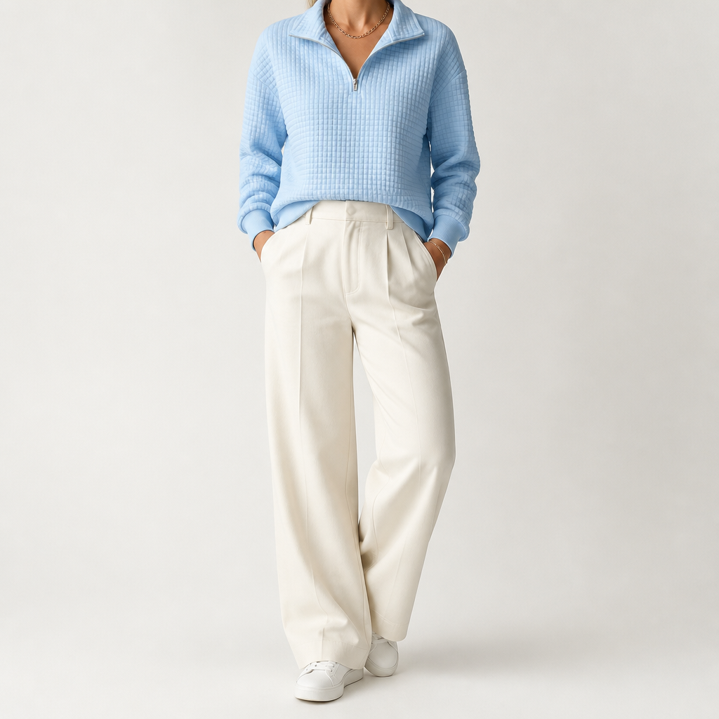 Nanette | Womens Quarter Zip Sweater Waffle Knit Longline Pullover Sweatshirt, Sky Blue
