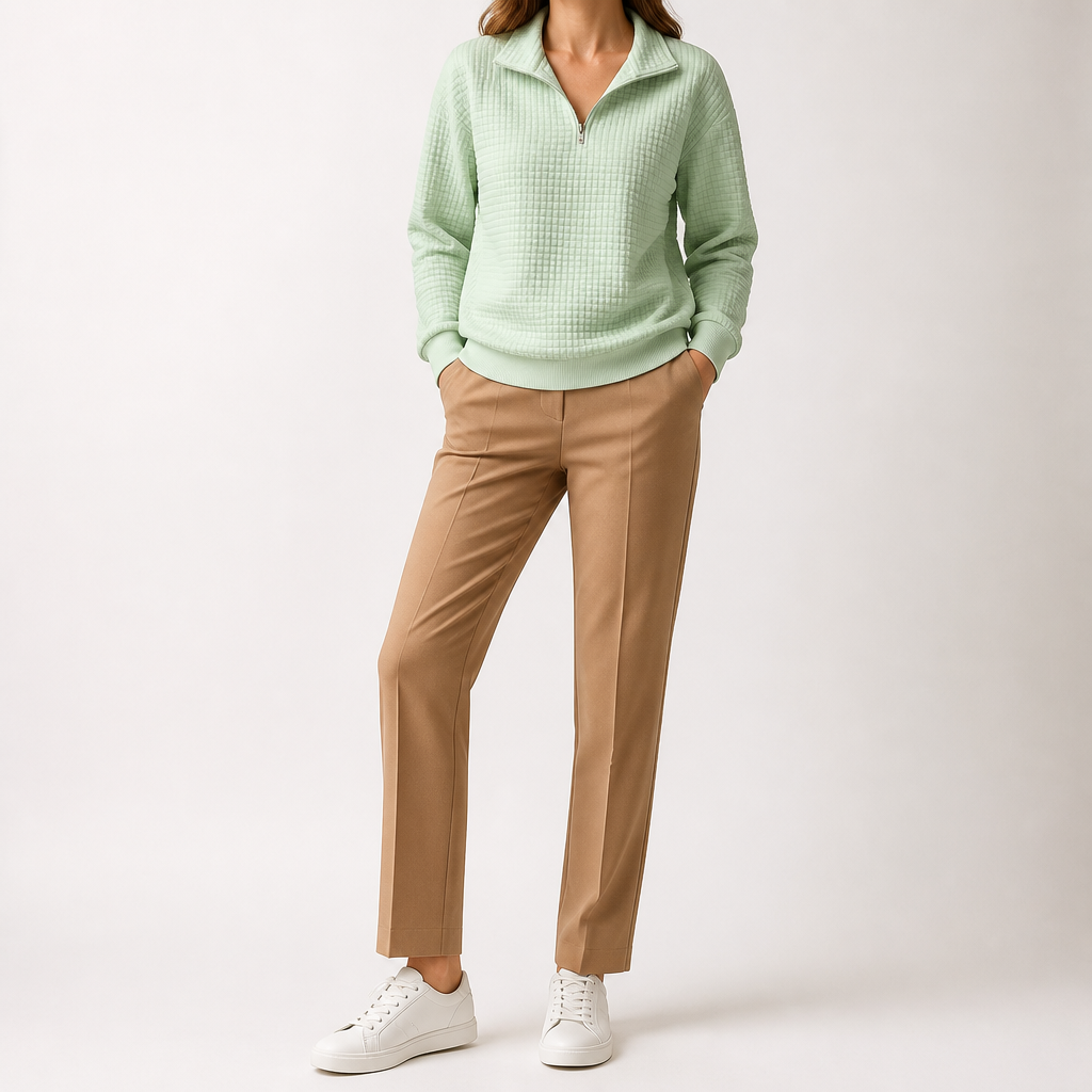 Nanette | Womens Quarter Zip Sweater Waffle Knit Longline Pullover Sweatshirt, Light Green